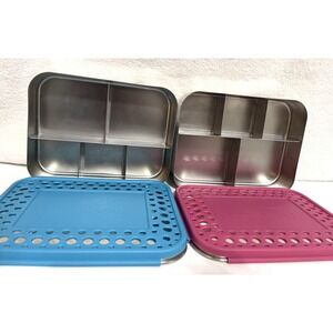 Lot Of 2 LunchBots Stainless Steel Snap On Lid Bento Box Blue & Pink